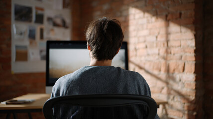 Remote worker video call exposed brick home office designer focus natural light laptop desktop