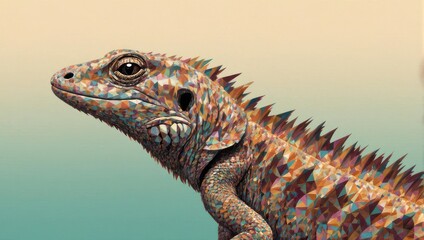 Close-up of a colorful iguana with detailed scales and a spiky dorsal crest against a gradient background.