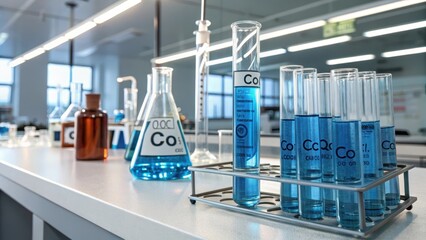 Cobalt solution in test tubes arranged on a laboratory shelf