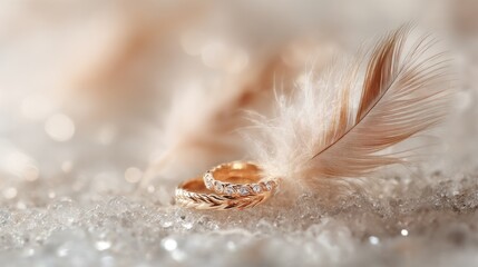 Two ornate golden wedding bands rest beside a delicate feather upon a glittering surface