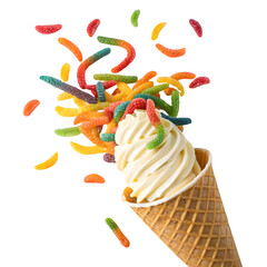 Colorful Candies Bursting from Ice Cream on transparent background