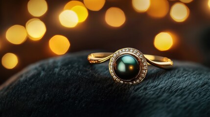 An elegant black pearl and gold ring, artistically placed  on blurred background