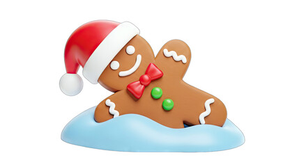Gingerbread Man Wearing Santa Hat on Blue Snow