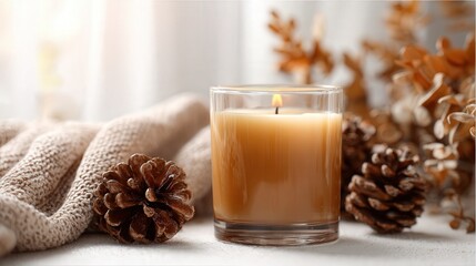 Cozy scented candle in glass isolated on white background