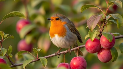 European Robin perched on a branch surrounded by ripe plums.