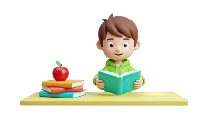 Cartoon Boy Reading Book with Apple and Books on Desk
