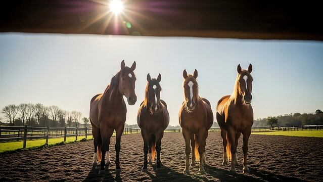 Four horses standing in a paddock under bright sunlight.