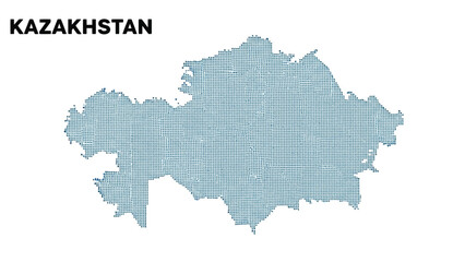 Vector illustration of Kazakhstan map silhouette composed of tiny dots in blue and brown on a white and black background with text label