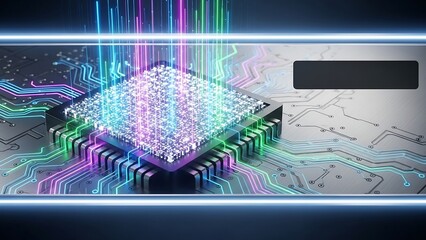 Futuristic Microchip with Colorful Light Trails and Circuit Board.
