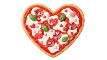 Heart shaped pizza with melted cheese and toppings isolated on transparent background