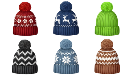 Collection of six colorful knit winter hats with pom poms and snowflake patterns isolated on transparent background