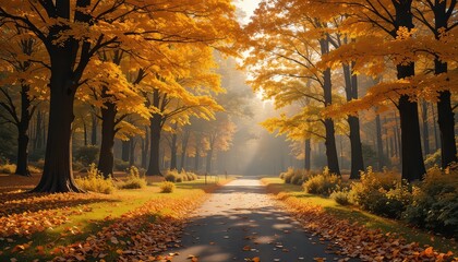 Autumn road with vibrant yellow trees and fallen leaves