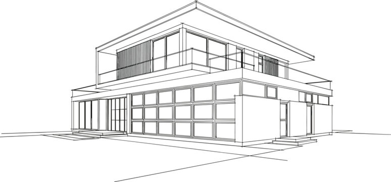 Architectural sketch vector of a luxurious two-story modern house exterior with large glass windows and minimalist residential building design