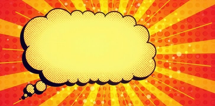 Orange sunburst halftone backdrop Retro comic strip design, speech bubble , orange, mock up