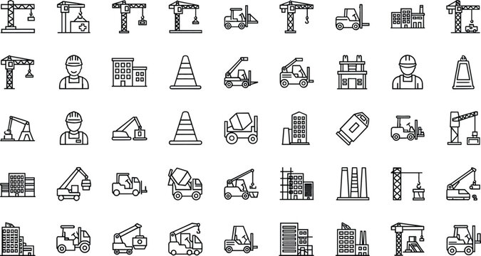 Comprehensive line icon set of various construction vehicles, machinery, buildings, and workers for civil engineering and industrial development interface design