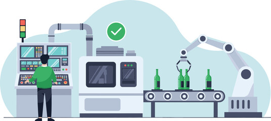 Worker operating a sophisticated factory production line with automated robotic arms handling bottle packaging, symbolizing modern industrial efficiency and control