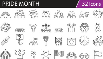 Grid of 35 black line love icons, ideal for inclusive, supportive, and equality-themed vector illustration content