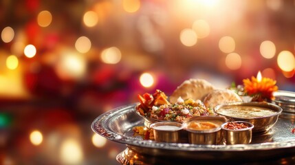 An elegant Ramadan feast setup with traditional foods like maqluba, kebabs,  on blurred background
