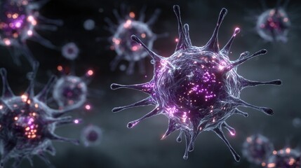 Neon immune response glowing with virus attack and white cells, stylized immunology defense visual in electric neon for science and medical use