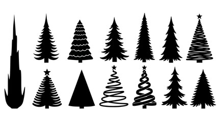 Obraz premium Various Christmas tree silhouettes in different shapes and sizes