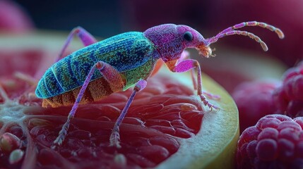 Neon insect glowing on cut fruit cross-section, stylized macro composition highlighting interaction of radiant insect with fruit textures