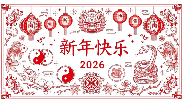Vibrant Chinese New Year 2026 celebration design with red lanterns and dragon