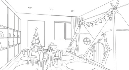 Cozy modern kids' playroom or bedroom decorated for Christmas, featuring teepee tents, a small Christmas tree, and garland lights © NURUL