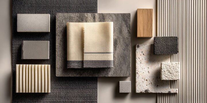 Vibrant photo of Material mood board with various textures including fabric, stone, and wood in neutral tones, top view