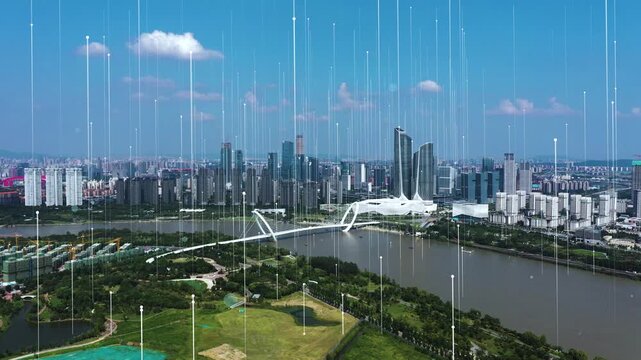 smart Connected city skyline. Futuristic network concept, city Technology.