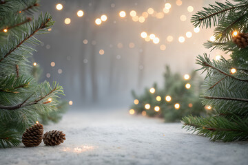 Winter forest with Christmas lights and snow

