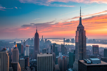 Naklejka premium New York City skyline at sunset with skyscrapers 