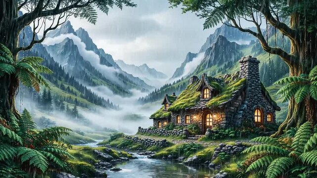 Cozy wooden cabin tucked among lush pines, mossy rocks, and misty mountains beside a winding stream