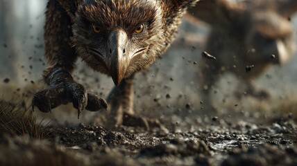 close-up of raptors sprinting across muddy terrain, claws kicking up dirt, intense focus, low-angle shot, cinematic lighting, highly detailed textures