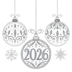 Glitter New Year 2024 Baubles & Snowflakes on transparent background