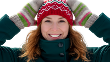 Smiling young woman wearing colorful winter hat and gloves outdoors in snowy weather isolated on transparent background