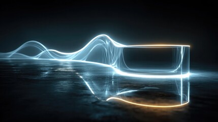 Neon refraction experiment glowing with dynamic light bending, digital physics concept in glowing neon showing light path through glass or water