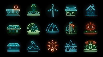 Neon renewable icons glowing with wind, solar, hydro symbols, digital green energy visual set in bright neon for sustainability graphics