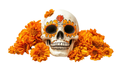 
A skull with orange flowers on top of it
