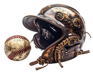 Naklejka premium Antique baseball helmet with floral detailing, next to weathered ball
