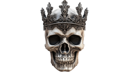 A skull with a crown on top. The skull is white and the crown is silver. The skull is placed on a white background