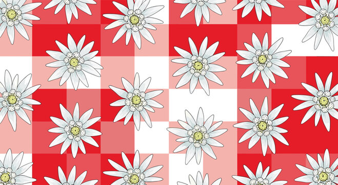 A traditional alpine-themed seamless pattern of white edelweiss flowers scattered across a classic red and white gingham check background.