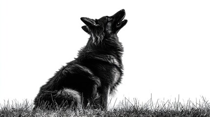 Long haired canine sits on grass and howls upward against stark white background