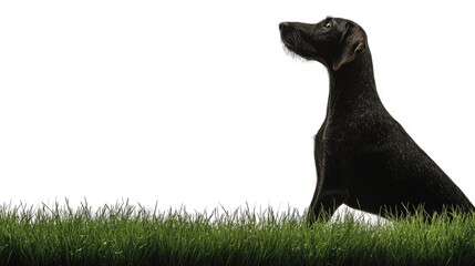 Dark colored canine companion sits attentively in bright green lawn grass against a white backdrop