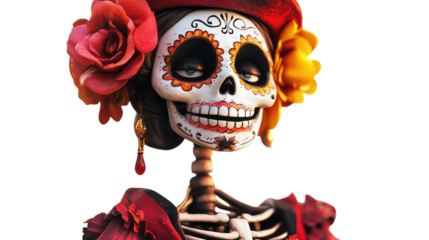 A skeleton with a red flower on her head