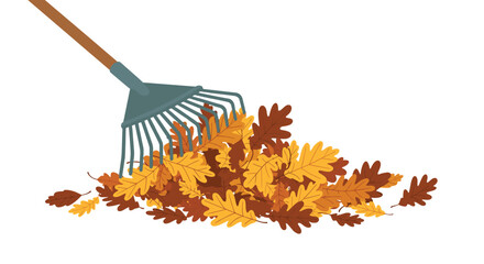 A garden rake gathering a large pile of colorful brown and yellow oak leaves during autumn yard work, in a flat illustration style.