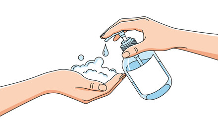 A person dispensing foaming soap or hand sanitizer from a pump bottle into their cupped hand to wash and disinfect for hygiene.