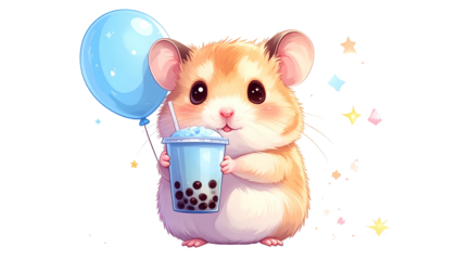 Adorable cartoon hamster holding a boba tea and balloon, surrounded by sparkles