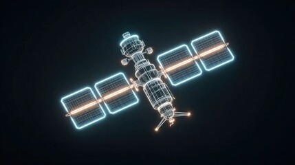 Neon satellite icon glowing with sharp electric lines, stylized digital communications satellite in neon style for space and tech visuals