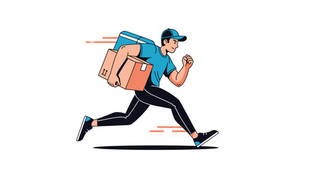 A fast courier or delivery man running with a cardboard box and a backpack, symbolizing express shipping and e-commerce service.