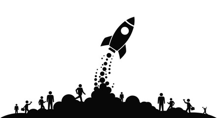 A black silhouette showing a crowd of people watching a rocket launch, symbolizing a successful startup, teamwork, and community support.